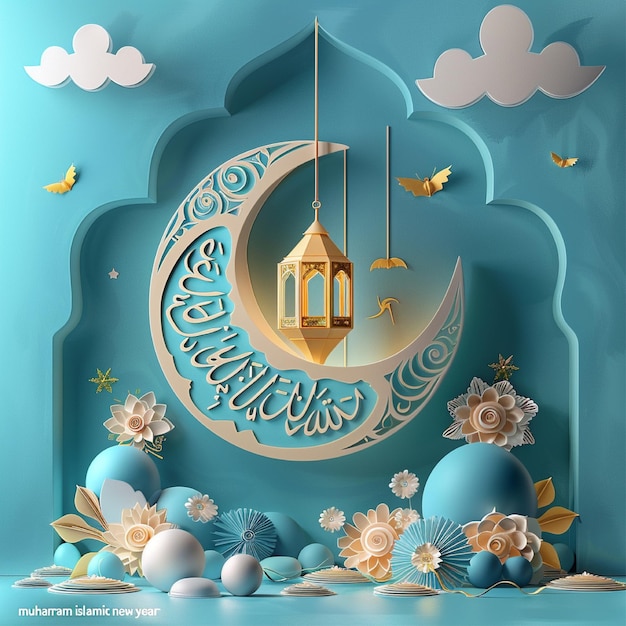 Muharram illustration a blue moon with a gold lantern and flowers