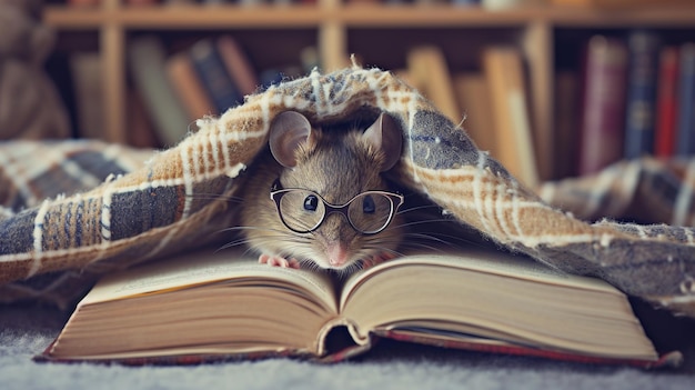 Muis met een boek Een muis beschut in een deken met een boek Generatief Ai