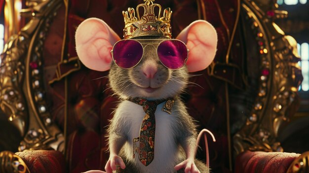 muis met stropdas met kroon en zonnebril zit op een troon close-up Generative Ai