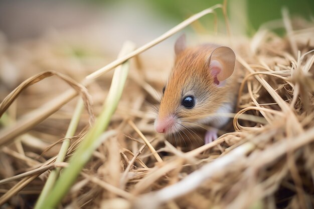 Muis weeft gras in een neststructuur