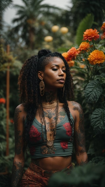 Photo mujer afroamericana con tatuajes regando plantas en jardin