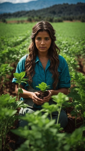 Foto mujer agricultora sosteniendo planta verde en campo de cosecha