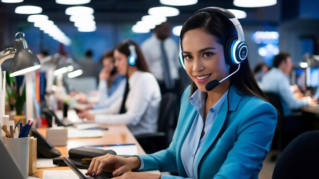 Photo mujer con auriculares en un centro de llamadas