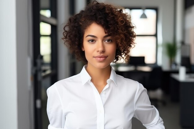 Mujer de raza negra con pelo corto rizado ejecutiva de una empresa con camisa blanca y brazos