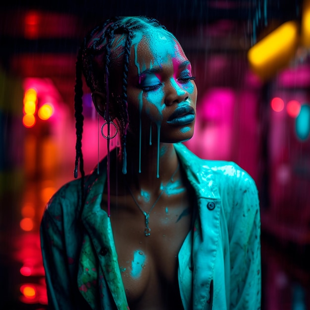 Mujer negra bella con chaqueta abierta bajo la lluvia cuerpo goteando pintura azul neon tokyo