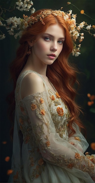 mujer pelirroja de pelo largo imagen hiperrealista cabello largo corona de flores belleza