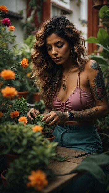 Photo mujer tatuada cuidando plantas en jardin urbano de terraza