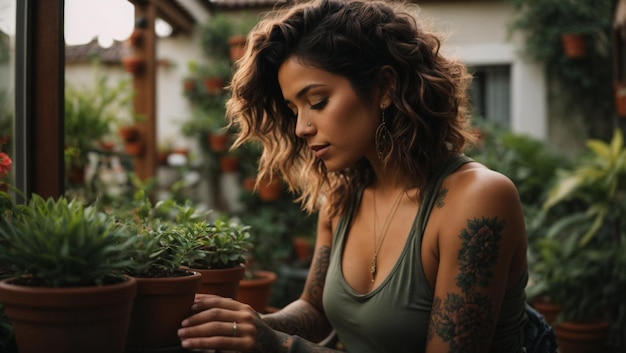 Foto mujer tatuada en jardin urbano cuidando plantas