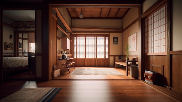 Muji ontwerpt een lege houten kamer en interieurreiniging van een Japanse kamer Generatieve AI