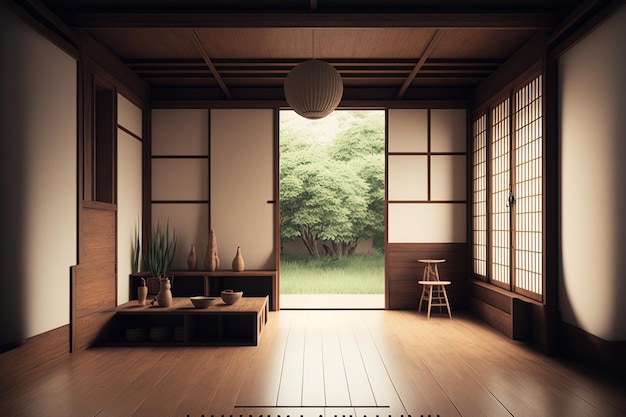 Muji-stijl Lege houten kamer Japandi kamer interieur schoonmaken