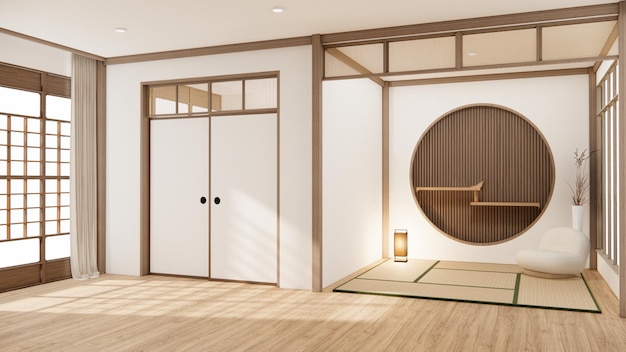 Muji-stijl Lege houten kamer Reiniging japandi kamer interieur 3D-rendering