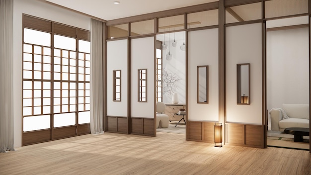 Muji-stijl Lege houten kamer Reiniging japandi kamer interieur 3D-rendering