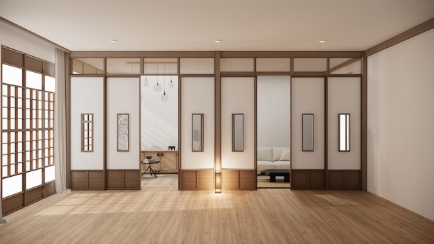 Muji style Empty wooden roomCleaning japandi room interior 3D rendering