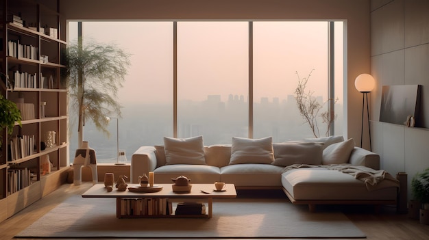 Muji style living room Cozy decoration in modern Japanese interior design style minimal lifestyle