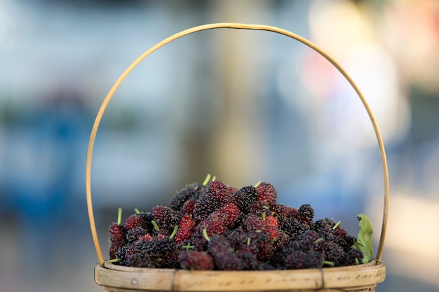 Mulberry fruit in a bamboo basket