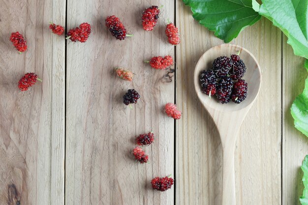 Mulberry fruit in wooden spoon and green leaves 