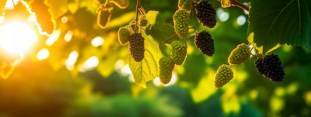 Mulberry grows on a tree in the harvest garden Generative Ai