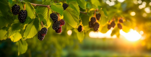 Mulberry grows on a tree in the harvest garden Generative Ai