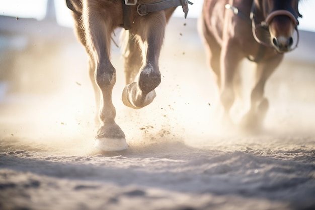 Mules trotting action closeup dust particles frozen in motion