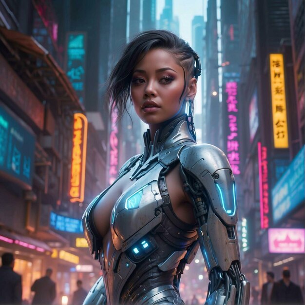 Mulher Cyborg em um cidade grande Generate AI