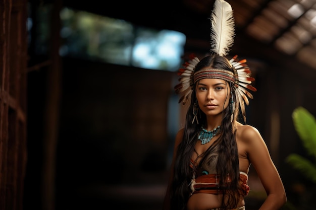 Mulher Indigena da Amazonia Com Pinturas Corporais e Espaco para Copy