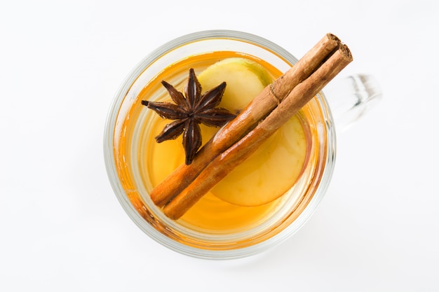 mulled cider in glass isolated on white background top view