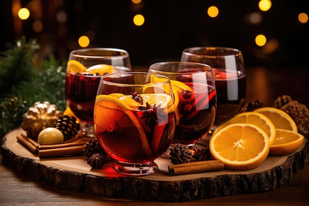 Mulled red wine with spices and citrus fruits Traditional hot drink at Christmas time Generative AI illustration