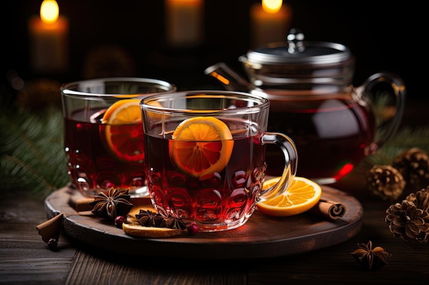 Mulled wine in glass cup Traditional hot beverage for Christmas holiday and winter Generative AI