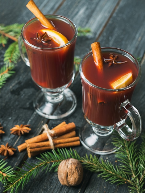 Mulled wine in glass glasses of red homemade wine