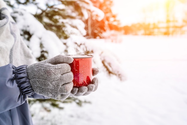 Vin brulé nelle mani di una ragazza durante una nevicata nella foresta bevande calde invernali con aromi...