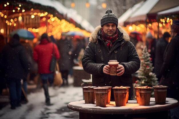 Mulled wine in the hands of a man closeup at a christmas market