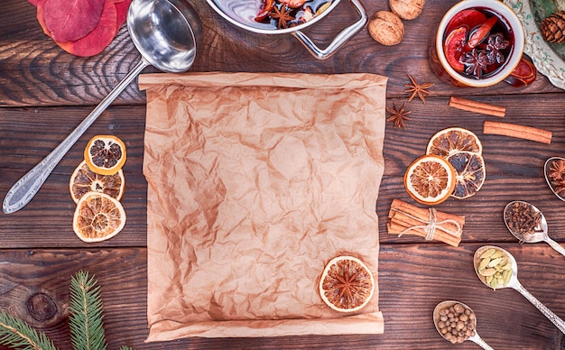 Mulled wine in an iron casserole and an empty paper scroll 