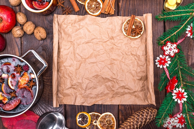 Mulled wine in an iron casserole 