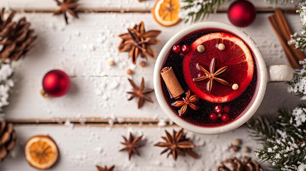 Mulled wine is in a mug next to cinnamon