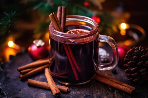 Mulled wine in mason jar with cinnamon sticks created with generative ai