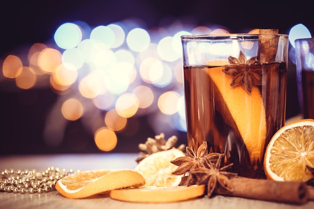 Mulled wine in night celebration of  New Year party and delicious Christmas drink