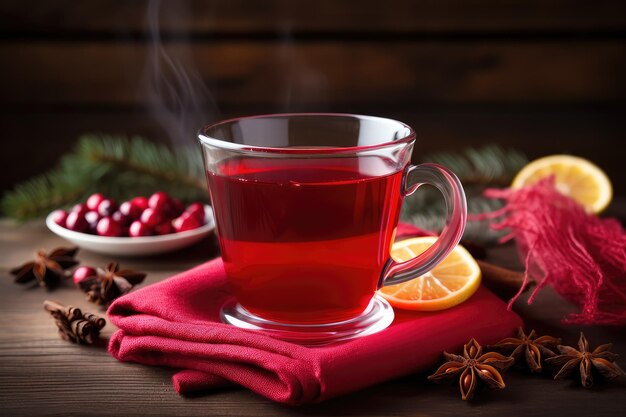 Mulled Wine Winter Cranberry Hibiscus Drink with Spices on Festive New Year Background Christmas Tea