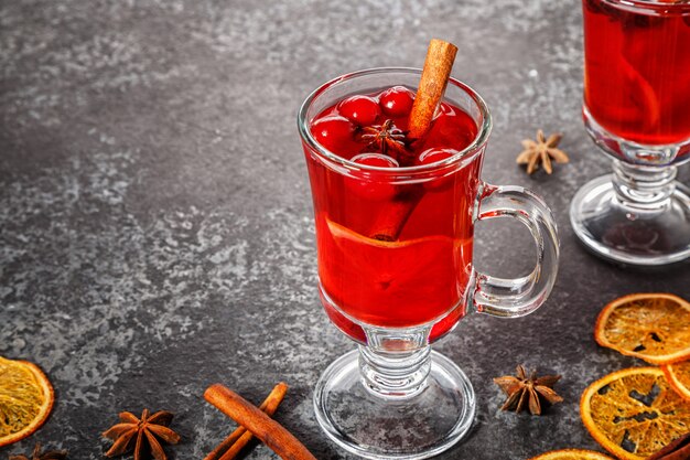 Mulled wine with cinnamon, anise, cranberries and orange.