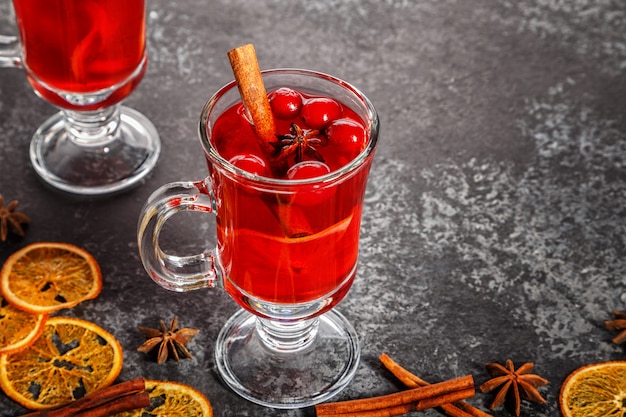 Mulled wine with cinnamon, anise, cranberries and orange.