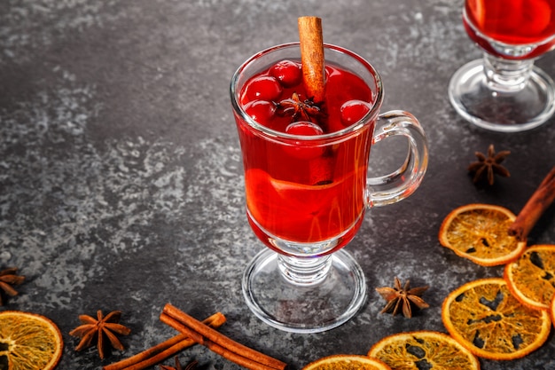 Mulled wine with cinnamon, anise, cranberries and orange