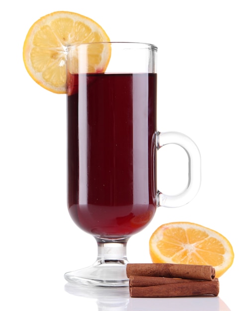 Mulled wine with lemon and spices on white