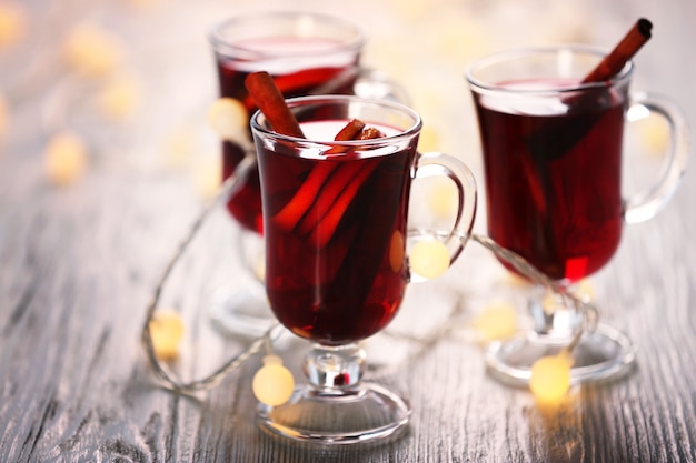 Mulled wine on wooden table