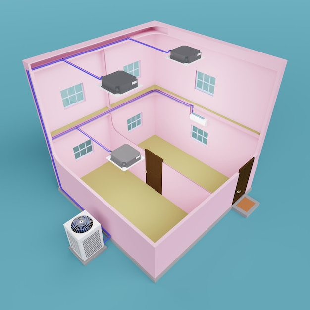 Multi sistema di climatizzazione diverse unità interne edificio rosa rendering 3d