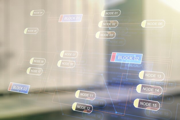 Multi-belichting van abstract softwareontwikkelingshologram op modern bedrijfscentrum exterieur achtergrondonderzoek en analyseconcept