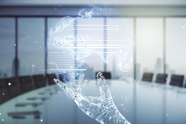 Multi-blootstelling van abstract creatief digitaal wereldkaarthologram op een modern achtergrondonderzoek en analyseconcept voor vergaderruimtes