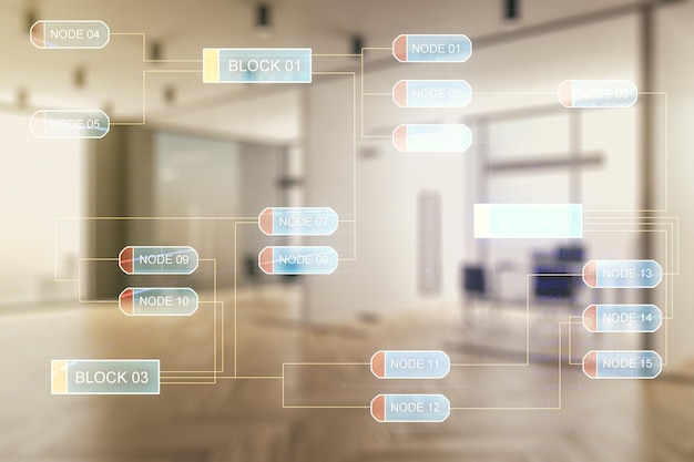 Multi-blootstelling van abstract programmeertaalhologram op een modern ingericht kantoorinterieur achtergrondconcept voor kunstmatige intelligentie en machinaal leren