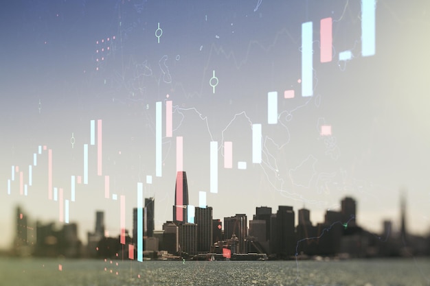 Multi-blootstelling van abstract virtueel financieel grafiekhologram op San Francisco skyline achtergrond forex en investeringsconcept