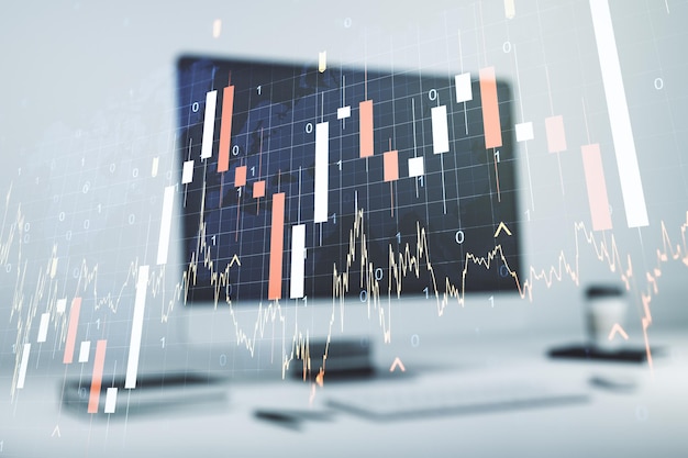 Multi blootstelling van abstracte financiële grafiek met wereldkaart op moderne computer achtergrond financiële en handelsconcept