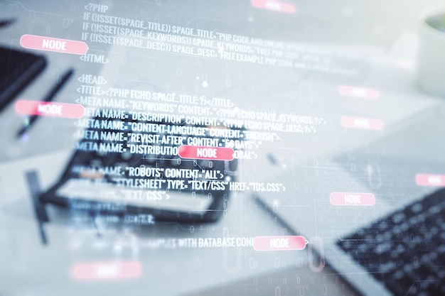 Multi-blootstelling van abstracte grafische coderingsschets op wazige rekenmachine en computer achtergrond big data en netwerkconcept
