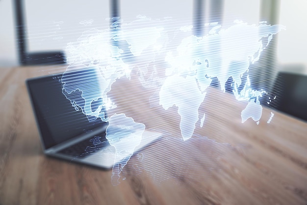 Multi-blootstelling van abstracte grafische wereldkaart op computer achtergrondverbinding en communicatieconcept